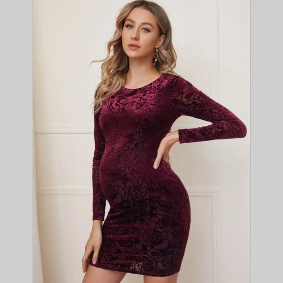 NWT Maternity dress dinner party outfit velvet burgundy long sleeve above knee - Picture 3 of 5